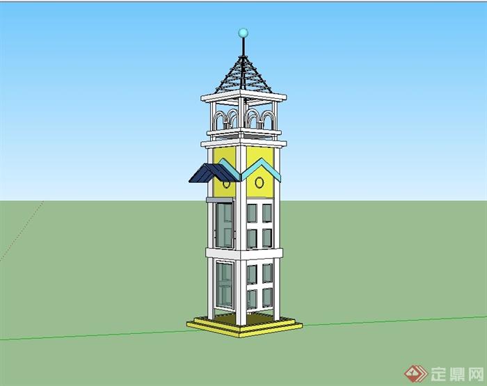 某美式风格详细景观塔楼设计su模型(1)