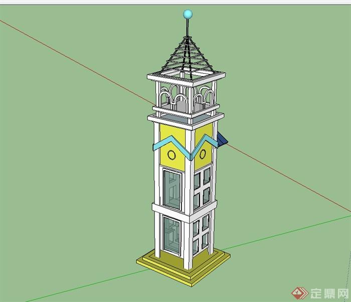 某美式风格详细景观塔楼设计su模型(3)