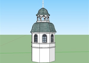 某美式风格详细景观塔楼建筑设计SU(草图大师)模型