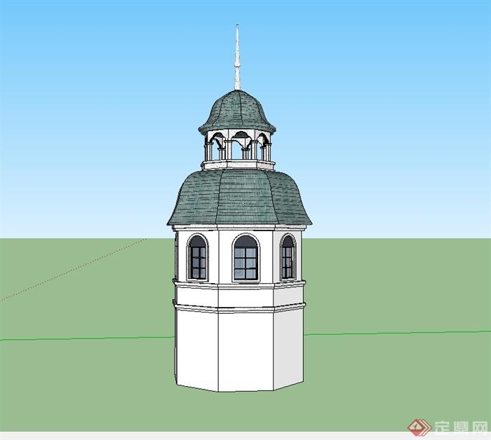 某美式风格详细景观塔楼建筑设计su模型(1)