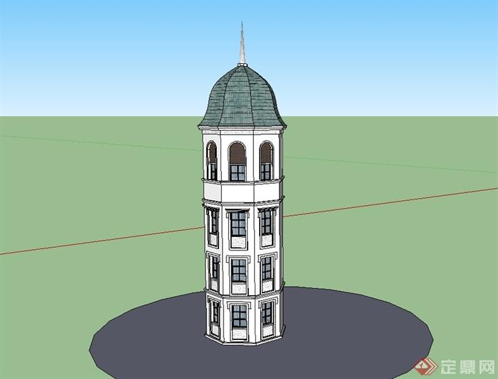某美式风格多层景观塔楼设计su模型(1)