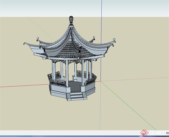 古典中式风格八角景观亭设计su模型(3)