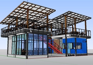 简约集装箱式二层餐厅建筑设计SU(草图大师)模型