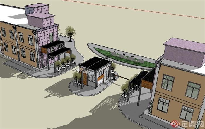 现代小区大门带临街商业楼设计su模型(3)