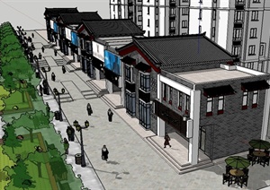 现代中式风格商业街建筑及住宅楼设计SU(草图大师)模型