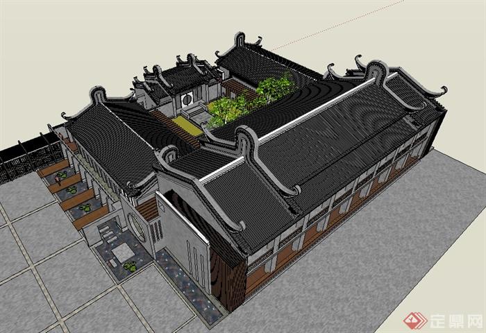 古典中式风格四合院会所建筑设计SU模型(3)