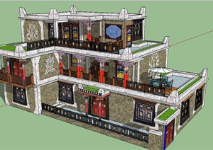 某现代中式风格藏式独栋别墅建筑设计SU(草图大师)模型