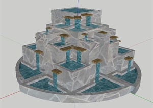 现代台阶式跌水水池设计SU(草图大师)模型
