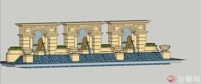 某欧式风格喷泉水池景墙设计SU模型(1)