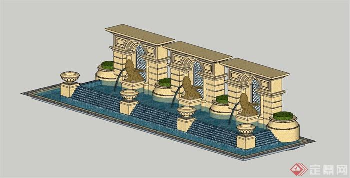 某欧式风格喷泉水池景墙设计SU模型(2)