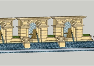 某欧式风格喷泉水池景墙设计SU(草图大师)模型