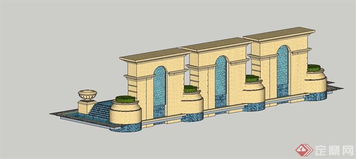 某欧式风格喷泉水池景墙设计SU模型(3)