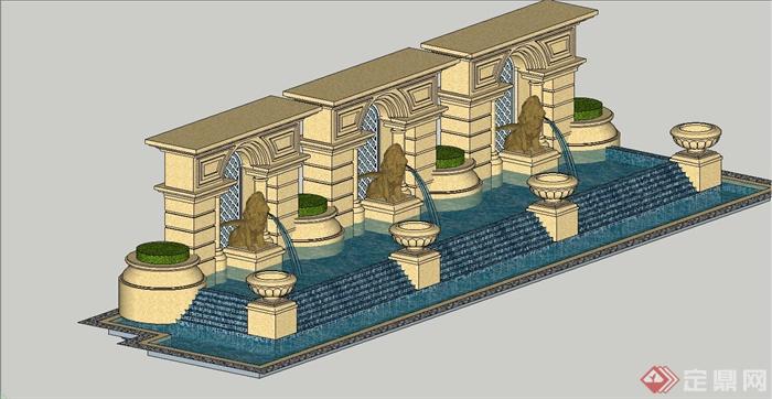 某欧式风格喷泉水池景墙设计SU模型(4)