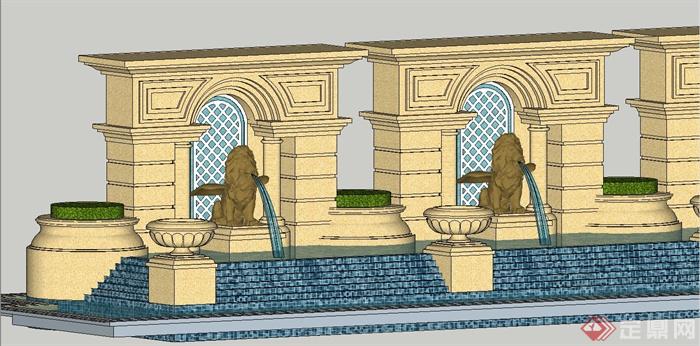 某欧式风格喷泉水池景墙设计SU模型(5)