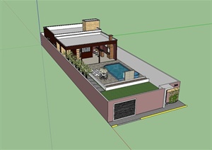 某现代风格简单别墅建筑及庭院设计SU(草图大师)模型
