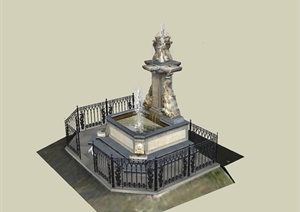 某欧式风格雕塑喷泉水池及栏杆设计SU(草图大师)模型