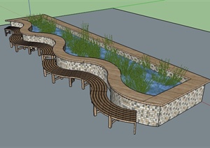 某现代风格独特砖砌水池坐凳设计SU(草图大师)模型