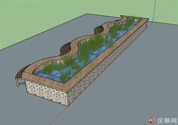 某现代风格独特砖砌水池坐凳设计su模型(2)