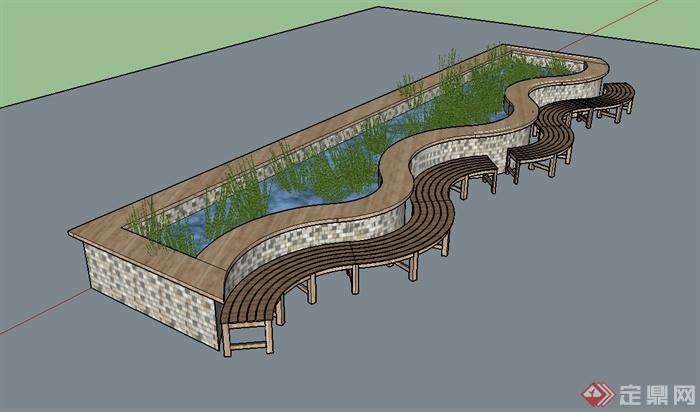 某现代风格独特砖砌水池坐凳设计su模型(3)