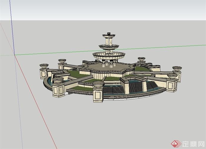 某欧式风格大型喷泉水钵水景设计su模型(2)