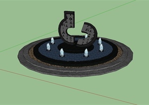 某现代中式风格独特喷泉雕塑水池设计SU(草图大师)模型
