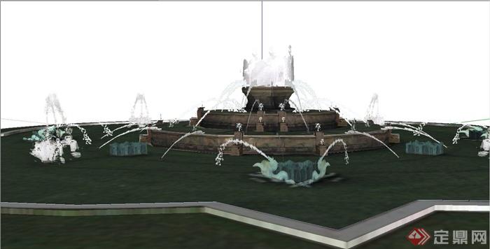 某简约欧式风格圆形喷泉水池设计SU模型(1)