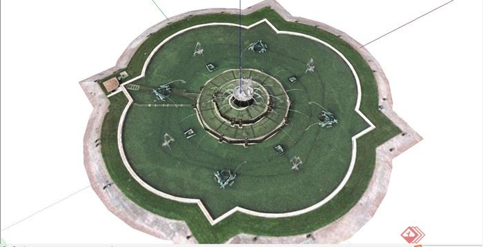 某简约欧式风格圆形喷泉水池设计SU模型(2)