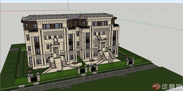 某精致法式风格联排别墅住宅建筑设计SU模型(10)