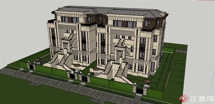 某精致法式风格联排别墅住宅建筑设计SU模型(9)