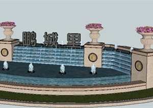 现代入口标识喷泉水池设计SU(草图大师)模型