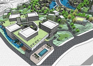 某现代风格滨河中心城市整体建筑规划设计SU(草图大师)模型