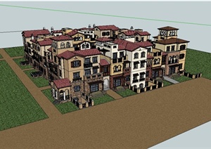 某西班牙风格联排别墅区建筑设计SU(草图大师)模型