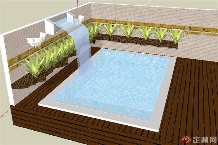简约跌水矩形水池设计su模型(3)