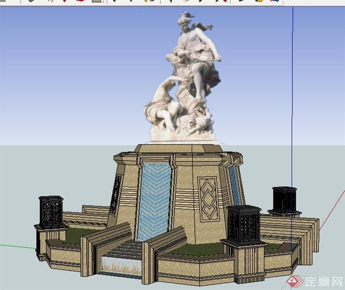 人物雕塑叠水水池设计su模型(1)