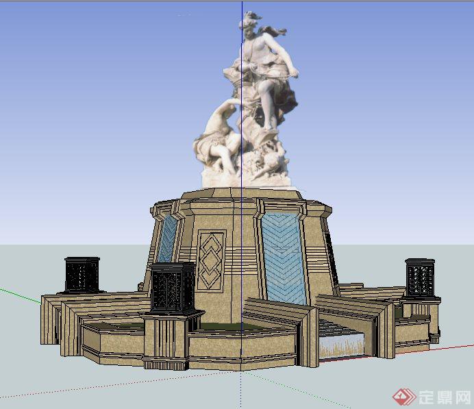 人物雕塑叠水水池设计su模型(2)