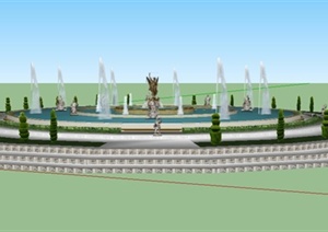 现代圆形喷泉小广场设计SU(草图大师)模型