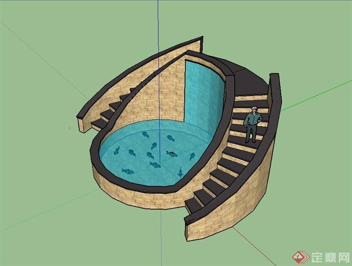 某现代风格砖砌楼梯跌水池设计su模型(2)