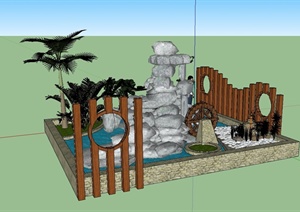 某现代风格假山水池栅栏组合设计SU(草图大师)模型