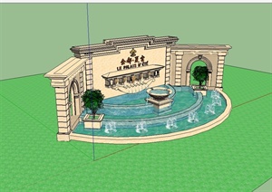 某欧式风格住宅小区入口景墙喷泉水景设计SU(草图大师)模型