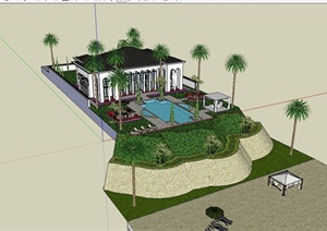 某美式风格别墅建筑及庭院景观设计SU(草图大师)模型