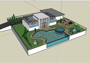某现代风格独栋别墅庭院及建筑设计SU(草图大师)模型