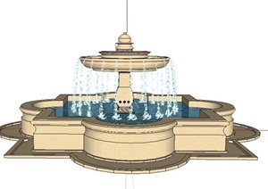 现代大理石材质喷泉水池设计SU(草图大师)模型