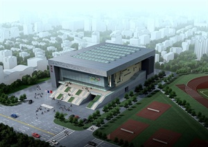 某现代风格完整的学校体育馆建筑设计cad图、SU(草图大师)模型、效果图