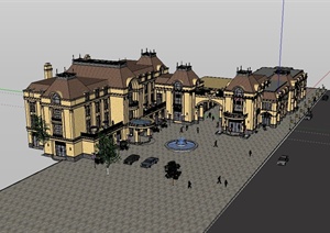 法式风格详细商业街建筑楼设计SU(草图大师)模型