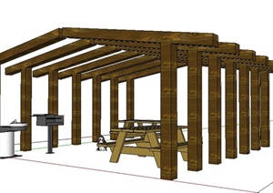 木质休息廊架及桌凳组合SU(草图大师)模型