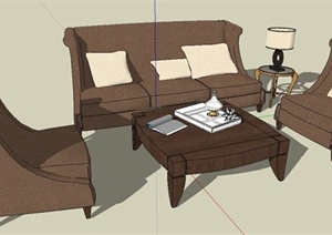 简约棕色沙发茶几组合SU(草图大师)模型