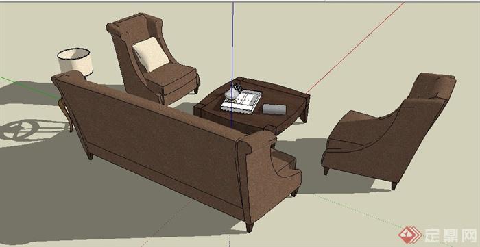 简约棕色沙发茶几组合su模型(3)