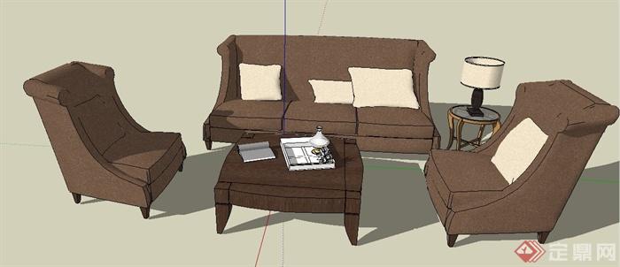 简约棕色沙发茶几组合su模型(2)