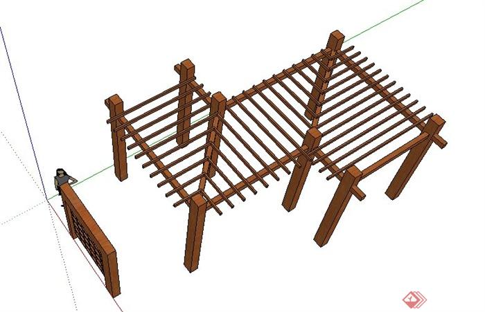 简约木质转折廊架设计su模型(3)
