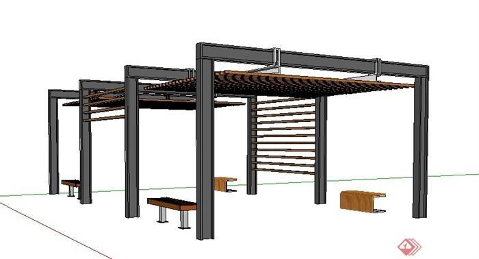 现代中式廊架及坐凳su模型(2)